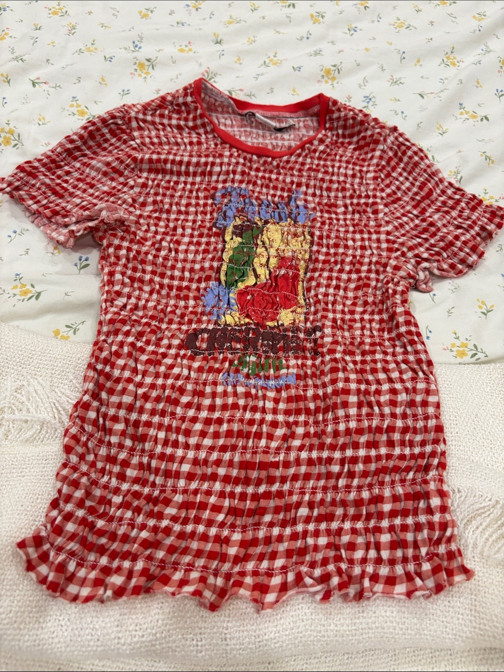 Kimchi Blue Red Gingham Short Sleeve Tee with Colorful Front Print